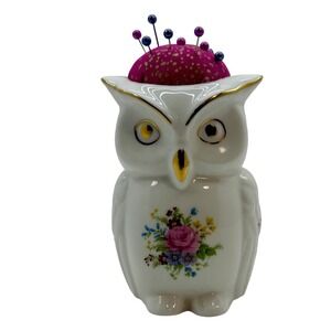 Rare, Collectible Vintage, Porcelain Owl Pincushion with Gold, Makers, Crafters